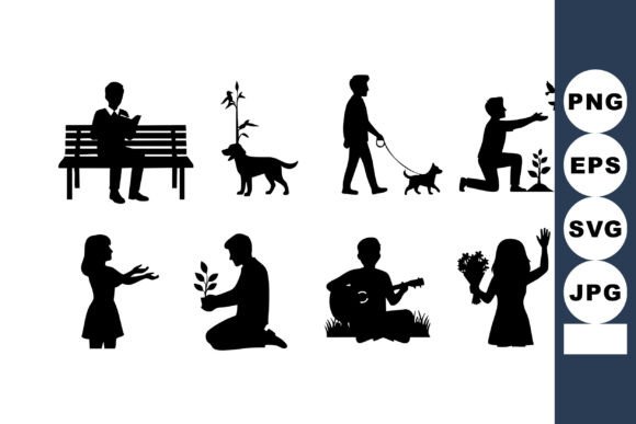 People Dog Flower Silhouettes Vector